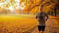 Middle-aged Caucasian man jogging through autumn park with golden foliage during sunrise, healthy lifestyle and outdoor fitness concept for wellness campaigns.