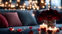 Romantic evening setting with deep red roses in crystal vase, heart petals, and glowing candles on sofa against bokeh lights background.