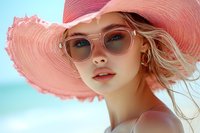 Young Caucasian woman in pink sun hat and transparent sunglasses against blurred beach background, soft natural makeup and blonde hair catching summer breeze.