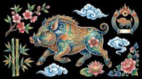 Ornate Chinese zodiac boar clipart set with floral clouds bamboo and lotus isolated on transparent background, ready for stickers, sublimation, and t-shirt design.