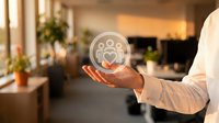 Professional woman presenting customer service concept with floating heart icon in modern office environment for business presentations.