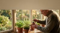 Senior man tending to potted herbs on sunny windowsill in cozy home kitchen, enjoying peaceful gardening hobby and sustainable living lifestyle.