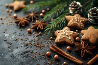 Star-shaped gingerbread cookies with spices, pine branches, cinnamon sticks and anise stars on dark background. Holiday baking and winter treats.