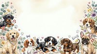 Adorable puppies border frame with watercolor floral elements and hearts on cream background for greeting cards, invitations and pet-themed designs.