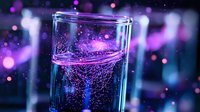 Glowing neon liquid in glass with sparkling bubbles and magical purple bokeh lights creates mystical atmosphere for party and celebration backgrounds.
