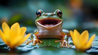 Smiling tree frog sitting on water lily pad between yellow flowers, macro photography with shallow depth of field capturing amphibian's expressive face and bright eyes.