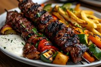 Grilled meat kebab skewers with charred vegetables and french fries served on white plate with creamy sauce, close up view of Mediterranean cuisine.