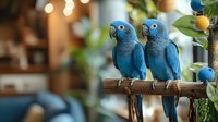 Two bright blue Spix's macaws perched together on wooden branch with soft bokeh lights and foliage in background, creating romantic tropical atmosphere.
