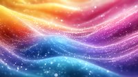 Vibrant cosmic waves with sparkling particles flowing in rainbow gradient from orange to purple and blue, creating magical energy motion background.