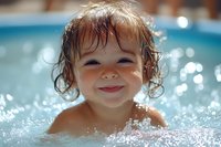 Joyful mixed-race child playing in swimming pool with sparkling water droplets and natural sunlight creating magical summer atmosphere. Genuine happiness captured.