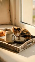 Tabby kitten resting on wooden tray by sunny window with ceramic mug, croissant and coffee. Cozy morning scene for lifestyle, home decor and pet content.