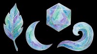 Watercolor mystical leaf, crescent moon, and polyhedral dice isolated on transparent background. Ready for t-shirt design, stickers, clipart, sublimation, and print-on-demand projects.