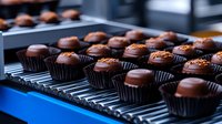 Artisan chocolate truffles with glossy ganache coating cooling on professional bakery racks in commercial kitchen setting for confectionery production.