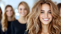 Young Caucasian woman with wavy blonde hair and bright smile in foreground, two blurred female figures in background. Professional portrait with soft bokeh lighting effect.