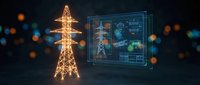 Digital power grid monitoring system with glowing transmission tower and holographic control interface for smart energy management and electrical infrastructure.