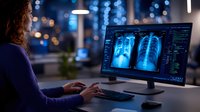 Female radiologist analyzing chest x-ray scans on computer monitor in dark office with blue bokeh lights. Medical professional working late hours on diagnostic imaging.