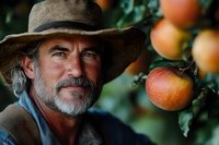 Mature Caucasian farmer with gray beard and brown hat smiling in apple orchard during harvest season. Close-up portrait shows genuine expression near ripe fruit.
