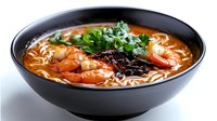 Spicy ramen noodle soup with shrimp and fresh herbs in black bowl. Asian cuisine comfort food for restaurant menus and culinary content.