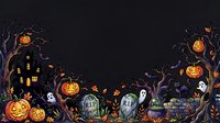 Spooky haunted house with glowing jack-o-lanterns, bare twisted trees, gravestones and ghostly figures on dark background. Halloween celebration design element.