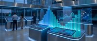 Futuristic business analytics center with glowing holographic charts and graphs displayed on interactive digital kiosks in a modern office.