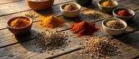 Colorful spices and herbs scattered on rustic wooden table with small bowls containing turmeric, paprika, cumin seeds for cooking and seasoning recipes.