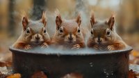 Three curious red squirrels peeking over edge of dark metal container surrounded by autumn leaves and bokeh forest background, creating whimsical wildlife scene.