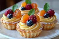 Mini fruit tarts with fresh berries, mandarin segments and mint leaves on cream filling in crispy shortcrust pastry shells, dusted with powdered sugar.