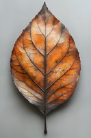 Detailed macro photograph of orange autumn beech leaf showing intricate vein patterns and natural texture against neutral gray background. Suitable for nature prints.