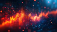 Glowing orange wave pattern with bokeh lights on dark blue background, digital frequency visualization with blurred particles for technology designs.