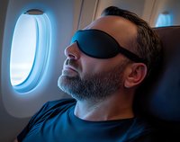 Bearded middle-aged Caucasian man wearing sleep mask resting in airplane seat next to illuminated window during long-haul flight in blue ambient light.
