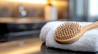 Wooden massage brush with natural bristles on white spa towel against blurred bathroom interior, wellness and body care concept.