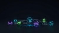 Digital supply chain network with glowing neon icons showing logistics flow from delivery truck to secure payment on dark tech background.