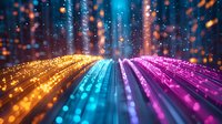 Vibrant light trails with glowing particles in orange, blue and pink colors create dynamic motion effect against dark background, abstract technology concept.