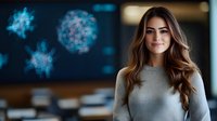 Young Caucasian woman with long wavy brown hair and confident smile standing in front of digital virus visualization display, wearing gray sweater in modern office setting.