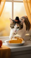 Tabby and white cat wearing pilgrim hat sitting by window with pumpkin pie on plate, autumn holiday themed scene.