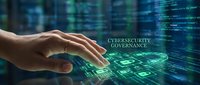 Professional hand reaching toward digital cybersecurity interface with glowing data streams and protective shields for corporate governance solutions.
