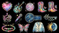 Colorful isolated design elements featuring heart, guitar, disco ball, cowboy boots, octopus, microphone, clock, key, bracelet, butterfly, jacket and celestial sun. Transparent background, ready for t-shirts, stickers, clipart and print-on-demand projects.