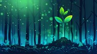Young green sprout growing in magical night forest with glowing particles and moonlight rays through dark trees, environmental concept art.