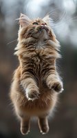 Majestic long-haired ginger cat jumping and looking up with playful expression against blurred natural background, showcasing graceful feline movement and fluffy fur.