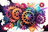 Vibrant colorful mechanical gears and cogs on abstract background with paint splashes. Perfect for technology, innovation, teamwork, and business process design concepts.