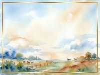 Watercolor rural landscape with golden frame featuring rolling fields, wooden fence, distant trees, and soft cloudy sky with warm sunset tones. Suitable for home decor, wall art, and countryside-themed designs.