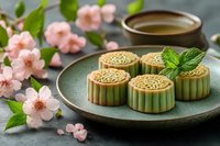 Traditional green tea mooncakes with intricate patterns on ceramic plate, decorated with pink cherry blossoms and fresh mint leaves for festive celebration.