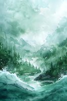 Misty mountain landscape in green watercolor style with flowing river, pine forest silhouettes and ethereal atmosphere creating dreamy nature scene.