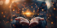 Glowing padlock symbol floating above open hands with magical sparkles and bokeh lights against dark background, representing digital security and data protection.