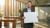 Professional Caucasian businessman in suit holding blank white sign in modern office with natural sunlight streaming through windows for marketing presentations.