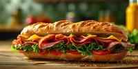 Fresh submarine sandwich loaded with layers of sliced meats, cheese, crisp vegetables and lettuce on crusty baguette, served on wooden cutting board.