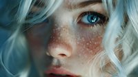 Young blonde woman with freckles and striking blue eyes in close-up portrait with soft natural lighting for beauty and skincare concepts.