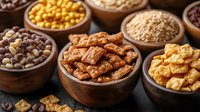 Variety of healthy snacks and cereals in wooden bowls on dark background, including corn nuts, beans, crackers and grains. Natural food composition.