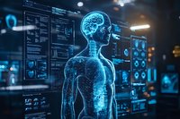 Glowing blue holographic human anatomy visualization with medical data interface displays and diagnostic screens showing brain and body systems analysis.