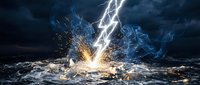 Lightning bolt strikes turbulent ocean waves creating dramatic sparks and energy burst during powerful storm with dark cloudy sky for weather concepts.